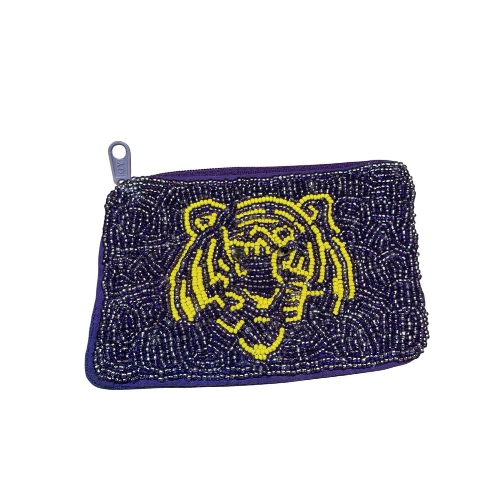 LSU Tigers Beaded Coin Purse Purple Gold Tiger Face Zip Pouch Game Day READ